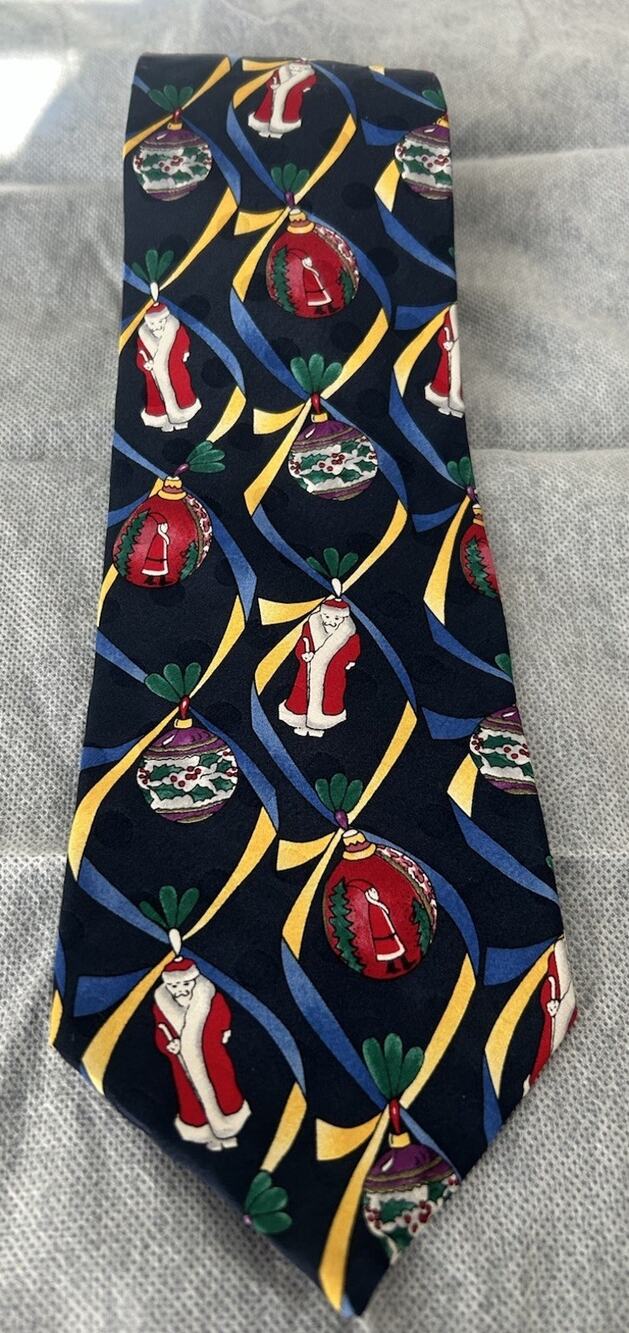 Meeting Street Christmas Men’s Tie 62” Long Silk 3.75” Santa Colorful Ornaments